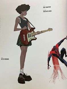 an image of a woman with a guitar and spider - man in front of her