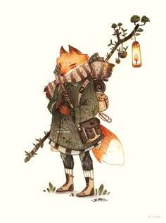 a drawing of a fox wearing a coat and holding a lantern in it's hand