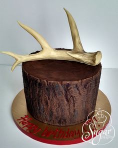 there is a chocolate cake with antlers on it