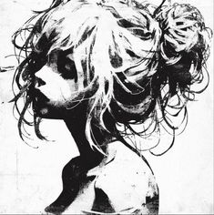 a black and white drawing of a woman's head with hair blowing in the wind