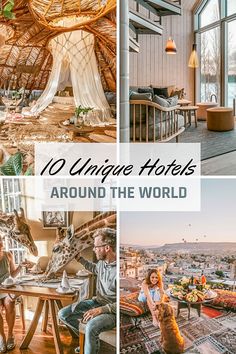 the top 10 unique hotels around the world with pictures of people sitting at tables and eating