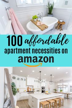 the kitchen and living room are all white with blue text that reads, 100 offable apartment necessities on amazon