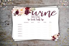 the wine tasting game is shown with flowers and confetti