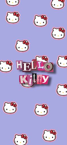 hello kitty wallpaper with the word hello kitty in pink and white letters on purple background