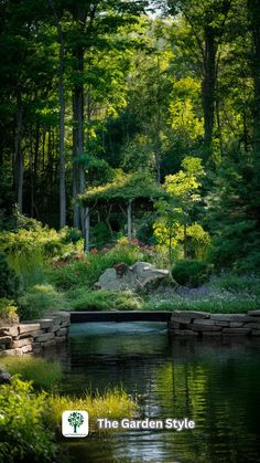 a pond surrounded by lush green trees and rocks with the words the garden style on it