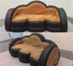 two pictures show the inside and outside of a car tire shaped bed, which is made out of tires