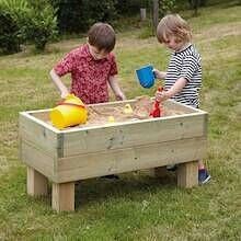 two children playing in a sandbox on the grass