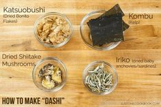 four bowls with different types of food in them on a wooden surface, labeled how to make dash