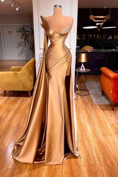 One Shoulder Long Sleeves Mermaid Prom Dress Split With Beads-Ballbella Long Sleeve Mermaid Prom Dress, Gold Satin Dress, Valdrin Sahiti, Stylish Gown, Gala Events, فستان سهرة, Mermaid Evening Dresses, Dress Spaghetti, Glam Dresses