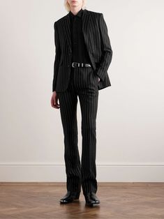 Shop CELINE HOMME Slim-Fit Pinstriped Crystal-Embellished Wool-Twill Suit Jacket, Explore the latest in-season CELINE HOMME collection today on MR PORTER Disco Suit Men, Couture Suits Men, Pinstripe Suit Outfit, Brutalist Wedding, Leather Outfit Men, Tailor Outfit, High Fashion Suit, Androgynous Formal Wear, Goth Suit