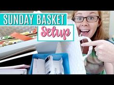 a woman in glasses is holding up a basket with items inside it and the words sunday basket setup above her