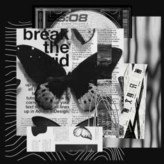 a black and white collage with butterflies on it's side, text reads break the tide