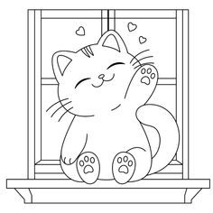 Cute cat is sitting on the window coloring page. kidscoloringpages #cuteheartcoloringpages #coloringbookflipthru🔥 Window Coloring Page, Farm Animal Coloring Pages, Cat Coloring Book, Fall Coloring Pages, Cat Coloring Page, Mermaid Coloring, Brings Joy, Cool Coloring Pages