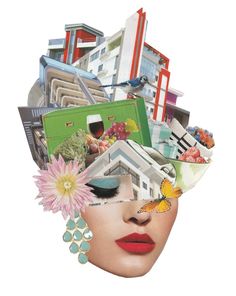 a woman's head with many different things in it