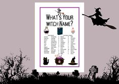 a poster with witches on it that says, what's your witch name?