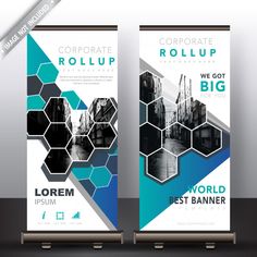 two roll up banners with hexagonal shapes on the front and back sides, one is blue