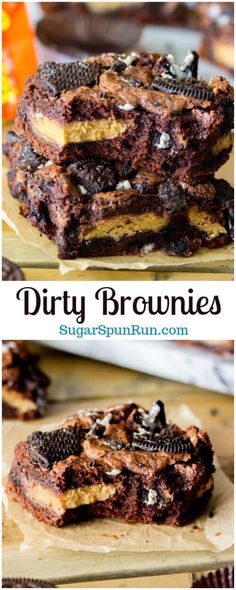 two pictures of brownies stacked on top of each other with the words dirty brownies in