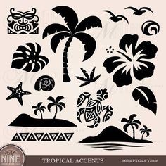 tropical scenes with palm trees and seagulls in black on a white paper background