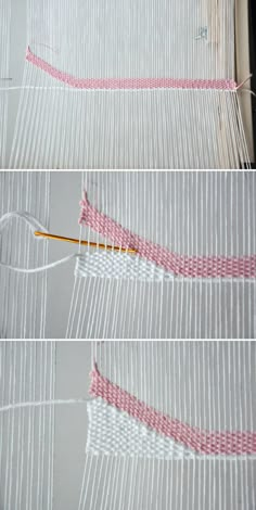 three pictures showing how to weave the fabric on a loom with two different stitches