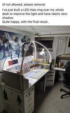 an office desk with lots of items on it, and the caption reads if not allowed, please remove he just built a led ring over my whole desk to improve the light and have nearly zero