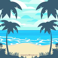 two palm trees on the beach with blue sky and clouds in the background, illustration