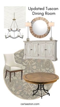 a dining room design board with chairs, table and chandelier in the background