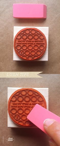 two pictures showing how to make a rubber stamp with the words lush tips on it