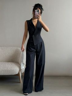 Black Elegant Collar   Plain  Embellished Non-Stretch  Women Clothing Chic Semi Formal Outfits, Sophisticated Clothing Style, Collar Vest Outfit, Professional Turtleneck Outfit, Marketing Girl Outfit, Vest With Sleeves, Fashion Outfits Formal, Work Outfits Fashion, Business Casual Streetwear Women