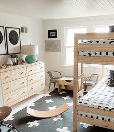 a bedroom with bunk beds, dressers and other items in the room on display