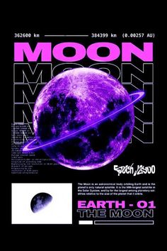 a poster with the moon and saturn in purple on black background, which reads earth - o - 1 the moon