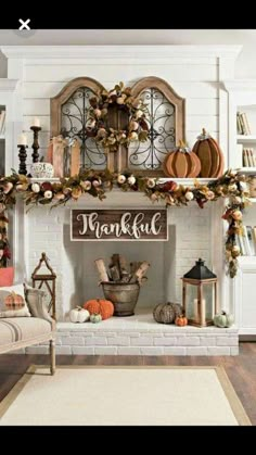 an instagram page for country lifestyle with pumpkins and other decorations on the mantle