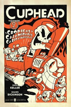 an orange and white poster with cartoon characters on the front, in black lettering that reads cuphead volume 8