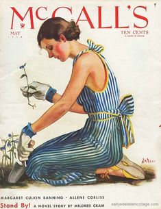 an old magazine cover with a woman in striped dress and gloves working on a plant