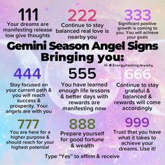 a poster with the words gemini season angel signs bring you