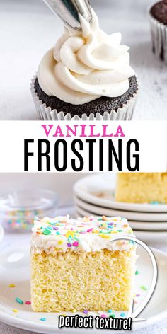 vanilla frosting is being drizzled on top of a piece of cake