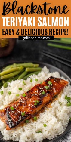 teriyaki salmon with rice and green beans on a plate