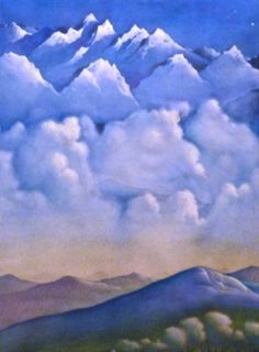 a painting of mountains and clouds in the sky