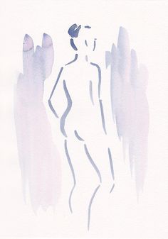 a watercolor drawing of a woman standing in front of an abstract background with blue and pink colors