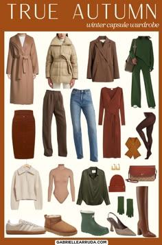 Discover the ultimate winter style inspiration with our curated collection of capsule wardrobes tailored to each of the 12 seasonal color analysis palettes. Including winter capsule wardrobe for Dark Autumn, True Autumn, Soft Autumn, Soft Summer, True Summer, Light Summer, Light Spring, True Spring, Bright Spring, Bright Winter, True Winter, and Dark Winter. Including the seasonal color palette examples and shopping pieces. #winterwardrobe #wintercapsules #seasonalcolor Warm Autumn Color Analysis Outfits, Soft Summer And Soft Autumn, True Autumn Capsule Wardrobe 2023, Light Autumn Color Palette Outfits, True Autumn Winter Outfits, Warm Autumn Color Palette Outfit Ideas, Warm Autumn Color Palette Outfits Ideas, Warm True Autumn Color Palette, Autumn Color Capsule Wardrobe