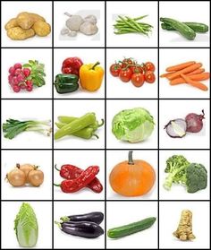 many different vegetables are arranged in squares