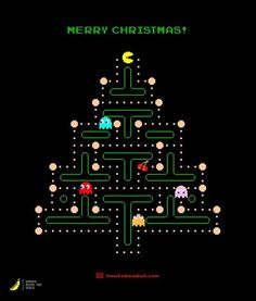 a christmas tree made out of pacman's and mario bros game characters, with the words merry christmas on it