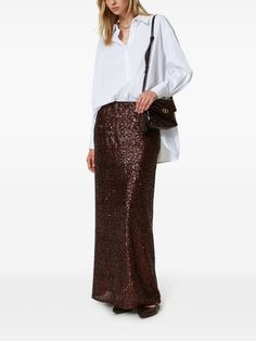 Find TWINSET Sequined Long Skirt on Editorialist. chocolate brown sequin design appliqué logo high-waisted long length straight hem Sequin Design, Pre Fall Collection, Twin Set, Long Length, Chocolate Brown, Long Skirt, Clothing And Shoes, Sequin, Top Brands