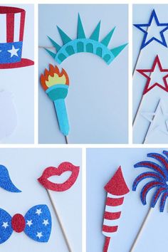 the fourth of july decorations are made with red, white and blue glitters on sticks