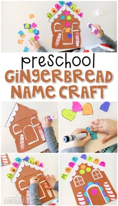 the gingerbread name craft is made with construction paper and cut outs to look like a gingerbread house