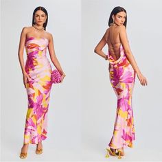 two pictures of a woman wearing a dress with flowers on it, one in pink and the other in yellow