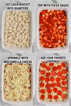 four different types of pizzas in plastic containers with instructions for how to make them