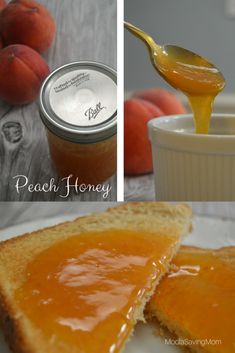 peach honey is being poured onto a piece of bread