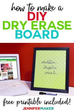 a laptop computer sitting on top of a desk next to a sign that says, how to make a dry erase board