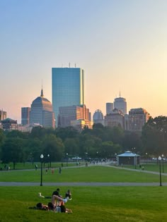 people are sitting on the grass in a park with skyscrapers in the back ground