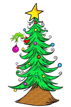 a green christmas tree with ornaments and a star on it's top, in front of a white background